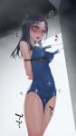  1girl arms_behind_back bdsm black_hair blush bondage bound bound_arms covered_navel grey_eyes highres long_hair masturbation murakami_suigun object_insertion open_mouth original school_swimsuit school_uniform serafuku sex_toy skin_tight solo sweat swimsuit wet 