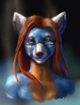  ailurid anthro black_nose blue_body blue_fur brown_hair bust_portrait eyelashes eyewear female front_view fur glasses glistening glistening_eyes green_eyes hair hi_res himeragoldtail long_hair looking_at_viewer mammal nude orange_body orange_fur portrait red_panda simple_background smile solo square_glasses white_body white_fur 