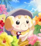  :o black_eyes blurry blush cloud commentary_request day fidough flower grey_headwear haru_(haruxxe) hat hatted_pokemon highres looking_to_the_side no_humans outdoors palm_tree pink_flower pokemon pokemon_(creature) sky solo standing tree 