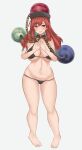  1girl bikini black_bikini breasts brown_headwear chain cleavage corpusc15 earth_(ornament) full_body groin hecatia_lapislazuli highres large_breasts long_hair looking_at_viewer moon_(ornament) navel polos_crown red_eyes red_hair simple_background solo standing swimsuit touhou white_background 
