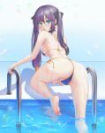  1girl :o ass bare_arms bare_shoulders barefoot between_legs bikini black_hair blush cameltoe earrings feet foot_out_of_frame genshin_impact glint green_eyes hand_between_legs highres jewelry legs long_hair looking_at_viewer looking_back mona_(genshin_impact) ponytail_holder pool ruinabyss soles solo star_(symbol) star_earrings string_bikini swimsuit toes twintails wading water wet 