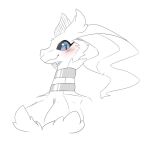  anotherbearsimp anthro biped blue_eyes blush breasts cleavage clothed clothing eyelashes female generation_5_pokemon legendary_pokemon looking_at_viewer nintendo pokemon pokemon_(species) reshiram simple_background smile solo video_games white_background white_body 