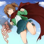  1girl asahina_samidare brown_eyes brown_hair cape cloud full_body highres hoshi_no_samidare jewelry kagiana long_hair looking_at_viewer open_mouth pleated_skirt ponytail red_cape ring school_uniform skirt solo 