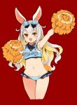  1girl animal_ears blue_bow bow breasts brown_eyes dress drooling grey_hair hair_bow highres long_hair looking_at_viewer mochizuki_himari mota navel open_mouth pom_pom_(cheerleading) rabbit_ears simple_background smile solo uni_create virtual_youtuber 