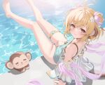  1girl andira_(granblue_fantasy) andira_(summer)_(granblue_fantasy) animal animal_ears arm_support barefoot blonde_hair closed_mouth erune granblue_fantasy hair_ornament highres kimblee legs looking_at_viewer monkey monkey_ears official_alternate_costume one-piece_swimsuit pool red_eyes short_hair sitting smile solo swimsuit thigh_strap water 