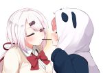  2girls animal_hood artist_name blush bow bowtie closed_eyes closed_mouth festa11307070 food hair_ornament hair_ribbon hairclip hood long_hair mouth_hold multiple_girls nijisanji one_eye_closed panda_hood pink_hair pocky pocky_day pocky_kiss red_bow red_bowtie red_eyes red_ribbon ribbon sasaki_saku school_uniform shiina_yuika short_hair simple_background upper_body virtual_youtuber white_background white_hair yuri 