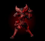  3d_(artwork) absurd_res action_pose anthro armor black_background butt clothing demon digital_media_(artwork) gesture hi_res low_poly male middle_finger pose ranged_weapon red_armor rubber rubber_clothing rubber_suit scanlines simple_background solo weapon xyz864 