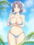  1girl bare_shoulders beach bikini blue_eyes blue_sky bow breasts chopin_illust cleavage day dripping food food_in_mouth grey_hair hair_bow highres large_breasts looking_at_viewer medium_hair melting navel ocean outdoors palm_tree popsicle popsicle_in_mouth senran_kagura sexually_suggestive shiny shiny_hair shiny_skin skindentation sky solo standing stomach sweat swimsuit thighs tree white_bow yumi_(senran_kagura) 
