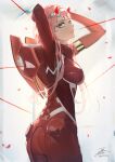  1girl armlet arms_up ass bodysuit breasts cowboy_shot darling_in_the_franxx fadingz falling_petals from_behind green_eyes hairband highres horns lips long_hair looking_at_viewer looking_back medium_breasts oni_horns parted_lips petals pink_hair pixiv_id red_bodysuit red_horns signature solo twisted_torso white_hairband zero_two_(darling_in_the_franxx) 