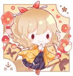  1girl anchor bangs blonde_hair blush bug butterfly character_name chibi drill_hair envelope flower full_body hair_ribbon hakama half_updo hatakaze_(kancolle) holding holding_envelope japanese_clothes kantai_collection kimono long_hair long_sleeves meiji_schoolgirl_uniform nada_namie red_flower red_ribbon ribbon signature solo wide_sleeves 