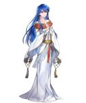  1girl bangs blue_eyes blue_hair bridal_gauntlets dress elice_(fire_emblem) fire_emblem fire_emblem:_mystery_of_the_emblem fire_emblem_heroes full_body gold_trim highres long_dress long_hair long_sleeves non-web_source official_art shiny shiny_hair solo transparent_background white_dress wide_sleeves 
