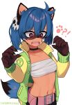  !? 1girl animal_ears black_choker blue_hair body_fur brand_new_animal breasts choker d: furry furry_female jacket kagemori_michiru navel open_mouth raccoon_ears raccoon_girl raccoon_tail sarashi short_hair shorts simple_background solo tail yellow_jacket yoako 