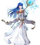  1girl bangs blue_eyes blue_hair bridal_gauntlets dress elice_(fire_emblem) fire_emblem fire_emblem:_mystery_of_the_emblem fire_emblem_heroes full_body gold_trim highres long_dress long_hair long_sleeves non-web_source official_art shiny shiny_hair solo transparent_background white_dress wide_sleeves 