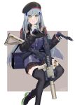  1girl absurdres artist_name assault_rifle bangs beret black_footwear black_thighhighs blue_hair blue_jacket blush boots breasts foot_out_of_frame german_flag girls&#039;_frontline gloves green_eyes gun h&amp;k_hk416 hair_ornament hairclip hand_on_own_chin hat highres hk416_(girls&#039;_frontline) holding holding_gun holding_weapon jacket long_hair long_sleeves looking_at_viewer multicolored_clothes multicolored_jacket open_mouth plaid plaid_skirt reraise rifle simple_background sitting skirt smile solo tactical_clothes teardrop_facial_mark teardrop_tattoo thighhighs two-tone_jacket weapon white_gloves 