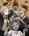  2girls 3boys a_nightmare_on_elm_street animal belt black_shirt blonde_hair blood blood_on_face chainsaw child&#039;s_play chucky chucky_(cosplay) collared_shirt cosplay dorohedoro ear_piercing earrings ebisu_(dorohedoro) en_(dorohedoro) fedora freddy_krueger freddy_krueger_(cosplay) friday_the_13th fujita_(dorohedoro) hannibal_lecter hannibal_lecter_(cosplay) hat highres hockey_mask holding holding_animal holding_chainsaw holding_weapon jason_voorhees jason_voorhees_(cosplay) jewelry kikurage_(dorohedoro) leatherface leatherface_(cosplay) machete mask multicolored_hair multiple_boys multiple_girls necktie noi_(dorohedoro) open_mouth orange_background osakanaotoko overalls piercing purple_hair red_eyes red_hair shin_(dorohedoro) shirt simple_background straitjacket the_silence_of_the_lambs the_texas_chainsaw_massacre two-tone_hair weapon white_shirt 
