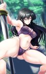  1girl absurdres ayra_(fire_emblem) bra breasts commission commissioner_upload covered_nipples female_pubic_hair fire_emblem fire_emblem:_genealogy_of_the_holy_war fire_emblem_heroes flustered foreshortening forest highres holding holding_sword holding_weapon lingerie long_hair looking_away nature nipples panties pubic_hair pubic_hair_peek pussy see-through sword thighs tomorrowsjoker underwear weapon 