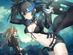  2girls animal_ears bangs black_bra black_gloves black_hair black_rock_shooter_(character) blonde_hair blue_eyes bra breasts building character_request closed_mouth cloud collarbone copyright_name copyright_request flaming_eye gloves hair_between_eyes hair_ornament holding holding_weapon looking_at_viewer mephist multiple_girls navel official_art outdoors red_eyes short_hair short_shorts shorts sky small_breasts star-shaped_pupils star_(symbol) stomach symbol-shaped_pupils underwear weapon 