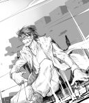  1boy arrow_(projectile) axe bangs between_fingers coat cuts facial_hair fate_(series) foot_out_of_frame fur-trimmed_coat fur_trim glasses greyscale hand_on_ground heki0529 holding holding_arrow injury looking_ahead magic male_focus mehmed_ii_(fate) monochrome mouth_hold open_clothes open_coat open_collar pants planted planted_axe planted_sword shirt short_hair sitting solo stubble sword teeth thumb_ring wall weapon 