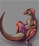  2018 bodily_fluids claws dinosaur dromaeosaurid erection feral genital_fluids genitals hi_res male open_mouth penis phinja precum raised_tail reptile scalie sharp_claws sharp_teeth sitting solo teeth theropod tongue touching_penis 