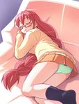  aq_interactive arcana_heart atlus blush examu glasses green_panties panties sleeping underwear yasuzumi_yoriko 