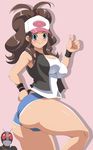  ass baseball_cap blue_eyes blush breasts brown_hair crossover curvy hat kamen_rider kamen_rider_black kamen_rider_black_(series) kihaiu large_breasts long_hair pokemon pokemon_(game) pokemon_bw short_shorts shorts slit_pupils smile thumbs_up touko_(pokemon) vest wristband 