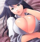  artist_request black_hair blush breasts cleavage glasses green_eyes huge_breasts open_clothes open_shirt shirt 