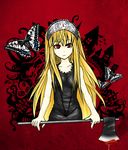  axe black_dress blonde_hair blood butterfly chachamaru-f dress f female hime_(kaibutsu_oujo) kaibutsu_oujo lilianne long_hair looking_at_viewer red_eyes solo tiara weapon 