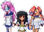  bangs black_hair blue_eyes blush breasts brown_eyes chinese_clothes clenched_teeth dog_collar dorei empty_eyes flat_chest futaba_channel glasses green_eyes heterochromia kaitai kaitai-san kyuuki large_breasts long_hair looking_at_viewer maid monster_girl multiple_girls nijiura_maids pink_hair red_hair scar screw simple_background stitches tiger_girl tiger_stripes under-rim_glasses underboob white_background zombie 