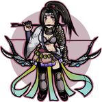  armor arrow black_hair bow_(weapon) evil female full_body headband inahime long_hair midriff orion_(pixiv114854) ponytail red_eyes sengoku_musou solo tattoo weapon 