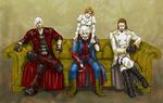  1girl 3boys boots brown_hair capcom couch credo dante dante_(devil_may_cry) devil_may_cry devil_may_cry_4 dress female fingerless_gloves gloves ino_(pixiv685480) kyrie legs_crossed long_hair male multiple_boys nero nero_(devil_may_cry) orange_hair pants ponytail short_hair sitting trench_coat trenchcoat white_hair wristband 