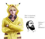  2boys blonde_hair english leonidas multiple_boys pikachu(cosplay) pikachu_(cosplay) pokemon simple_background text white_background 