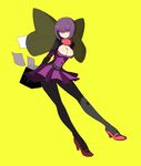  bangs blunt_bangs bob_cut book breasts cleavage elite_four flying_paper glasses gloves ken_(koala) large_breasts legs long_legs pantyhose paper pink_eyes pokemon pokemon_(game) pokemon_bw purple_hair purple_skirt shikimi_(pokemon) skirt solo 