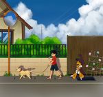  cloud clouds dog_walking fence highres house ikki_tenryou medabots medarot medarots metabee power_lines road salty_(dog) sandals sky street tenryou_ikki walking 