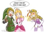  1boy 2girls angry blonde_hair blush breasts cheating clenched_teeth crown dress elbow_gloves fire gloves jealous link lowres multiple_girls nintendo open_mouth princess princess_peach princess_zelda scared speech_bubble super_mario_bros. super_smash_bros. the_legend_of_zelda twilight_princess 