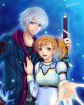  1girl blue_eyes capcom couple devil_may_cry devil_may_cry_4 dress female han_ten_mu hood hoodie jacket kyrie long_hair male miniyu nero nero_(devil_may_cry) open_mouth orange_eyes orange_hair ponytail short_hair silver_hair sword weapon 