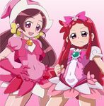  boots company_connection cosplay costume_switch crossover cure_blossom cure_blossom_(cosplay) gloves hanasaki_tsubomi harukaze_doremi harukaze_doremi_(cosplay) hat heart heartcatch_precure! jewelry long_hair magical_girl multiple_girls ojamajo_doremi pink_eyes pink_hair precure red_hair touei twintails 