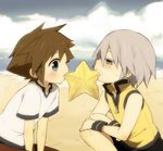  brown_hair chibi kingdom_hearts mouth_hold ocean paopu_fruit riku silver_hair sora star 