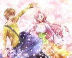  1boy 1girl brown_hair choker code_geass couple double_bun double_buns dress euphemia_li_britannia eyes_closed female flower_petals hair_bun kururugi_suzaku long_hair male pesu petals pink_hair purple_eyes shirt short_hair 