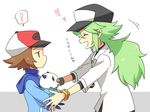  ! &hearts; 2boys annoyed baseball_cap black_(pokemon) blush bored bracelet bracelets brown_eyes brown_hair closed_eyes eyes_closed green_hair happy hat heart jewelry long_hair mijumaru multiple_boys n_(pokemon) necklace oshawott outstretched_arms pokemon pokemon_(game) pokemon_black_and_white pokemon_bw short_hair touya_(pokemon) translation_request 