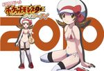  2010 bee-j1 bikini brown_eyes brown_hair cabbie_hat front-tie_top hat kotone_(pokemon) makoto_daikichi midriff navel new_year nintendo photoshop poke_ball pokeball pokemon pokemon_(game) pokemon_heartgold_and_soulsilver pokemon_hgss short_twintails side-tie_bikini smile swimsuit thighhighs twintails white_legwear white_thighhighs 