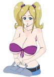  aqid armpits bare_shoulders belt blonde blonde_hair blue_eyes breasts character_request cleavage freckles heroman kaneda_(aqid) large_breasts pants pigtails short_twintails tube_top tubetop twin_tails twintails 