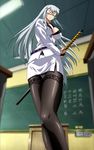  1girl absurdres belt breasts cap chouun_shiryuu cleavage eyes_closed glasses grey_hair highres ikkitousen ikkitousen_xtreme_xecutor indoors katana screencap solo stitched stockings sword teacher thighhighs weapon 