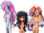  animal_ears bangs black_hair blue_eyes blush breasts brown_eyes cameltoe clenched_teeth dark_skin dog_collar dorei emaciated empty_eyes flat_chest futaba_channel glasses green_eyes heterochromia kaitai kaitai-san kyuuki large_breasts long_hair looking_at_viewer low-tied_long_hair maid maid_headdress monster_girl multiple_girls nijiura_maids nude pink_hair red_hair ribcage ribs scar screw simple_background skinny small_breasts stitches tail tiger_girl tiger_stripes uncensored under-rim_glasses white_background wings zombie 