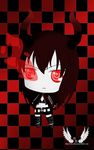 belt black_gold_saw black_rock_shooter boots checkered checkered_background chibi horns jacket midriff non-web_source pale_skin red_eyes shorts signature solo 