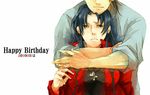  1boy 1girl black_shirt blue_hair brown_eyes brown_hair couple female frown happy_birthday hatutaro hug jacket jewelry kaji_ryoji kaji_ryouji katsuragi_misato long_hair male necklace neon_genesis_evangelion shirt 