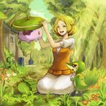  bel_(pokemon) blonde_hair blue_sky breasts cloud commentary_request day dress eye_contact flower gen_5_pokemon go-m grass green_eyes green_hat hat hat_removed headwear_removed looking_at_another munna open_mouth outdoors plant pokemon pokemon_(creature) pokemon_(game) pokemon_bw red_eyes short_hair short_sleeves sitting sky small_breasts snivy sunlight tree white_dress 