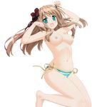  absurdres bikini blush breasts brown_hair female green_eyes highres jumping legs long_hair mayoi_neko_overrun! nipples nude_filter photoshop serizawa_fumino simple_background smile solo swimsuit thighs topless white_background 