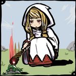  blonde_hair female final_fantasy final_fantasy_tactics frog full_body hood long_hair lowres nature outdoors red_eyes robe sky solo squat squatting staff white_mage white_mage_(fft) yarusena 