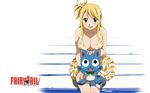  blonde_hair blush breasts cleavage dress fairy_tail happy_(fairy_tail) long_hair lucy_heartfilia sitting smile swimsuit 