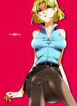  akagi_ritsuko bad_id bad_pixiv_id blonde_hair breasts cleavage green_eyes large_breasts mole mole_under_eye neon_genesis_evangelion pantyhose pencil_skirt ranguage short_hair skirt solo teyrapak 